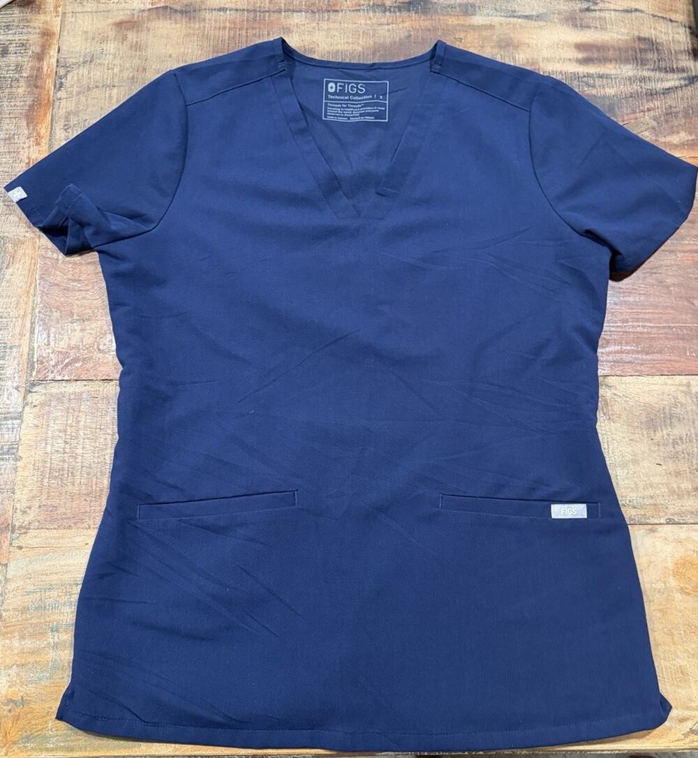 FIGS Technical Collection Women’s Scrub Top Small Navy Blue V-Neck Pockets